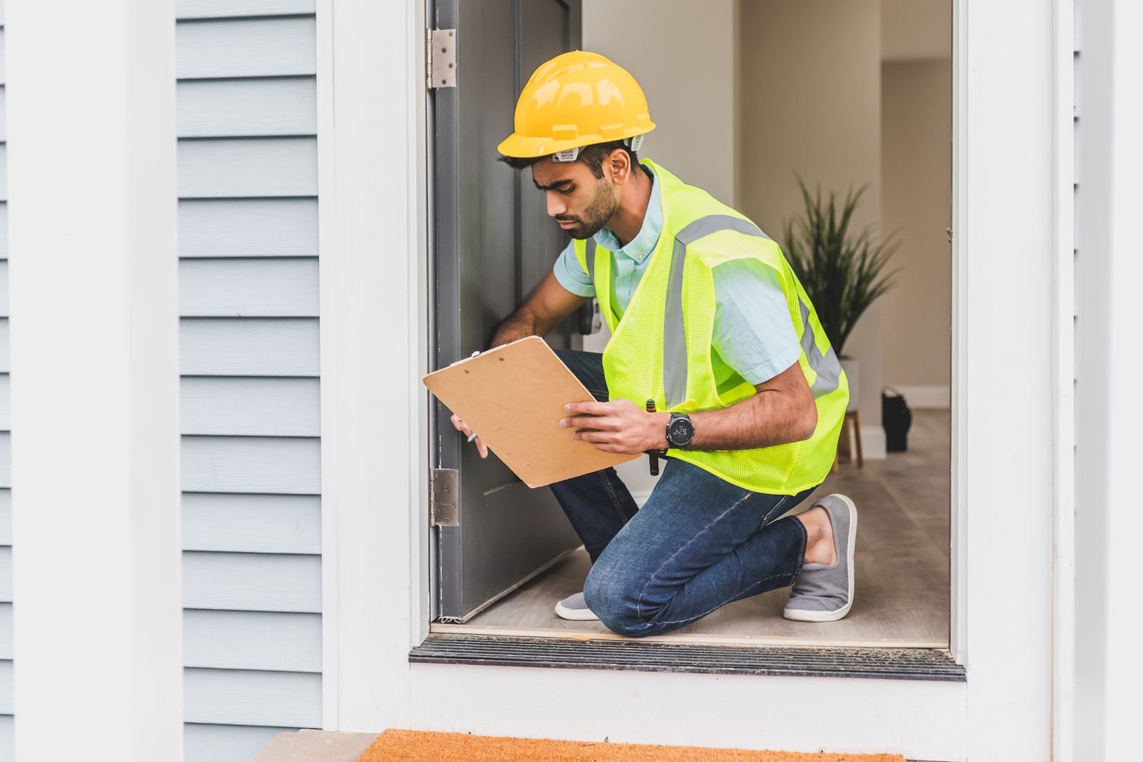 Building inspector in hard hat and safety vest kneeling in a doorway with a clipboard during an interior inspection